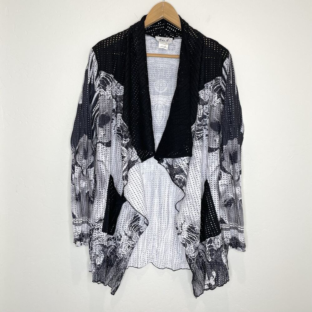 Aris A Open Front Cardigan Mesh Jacket Womens Large Black White Print